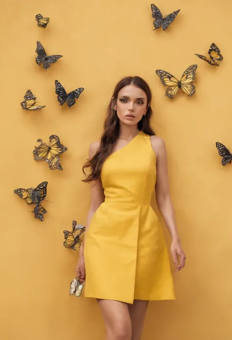 araffe woman in yellow dress standing in front of a wall with butterflies, a portrait inspired by national geographic, pexels contest winner, street art, yellow butterflies, butterflies, yellow clothes, butterfly, fine art fashion photography, harmony of b...