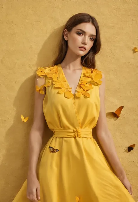 araffe woman in yellow dress standing in front of a wall with butterflies, a portrait inspired by national geographic, pexels contest winner, street art, yellow butterflies, butterflies, yellow clothes, butterfly, fine art fashion photography, harmony of b...