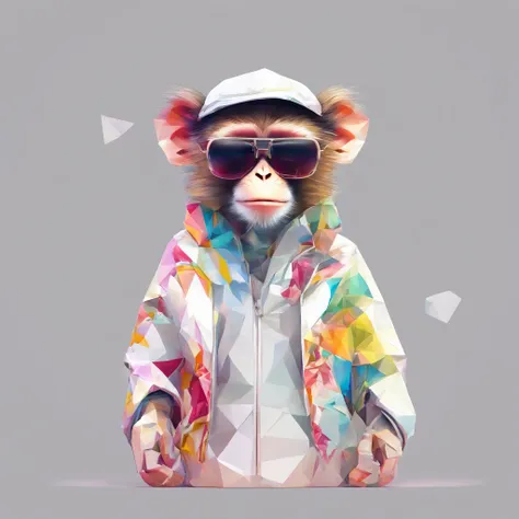 Perfect alignment, Cute little monkey in jacket，Crystal Vase，Rose flower, Wearing sunglasses, cheerfulness, Standing position, Abstract beauty, Centered, Looking at the camera, Facing the camera, Approaching perfection, Dynamic, Highly detailed, Smooth, Sh...