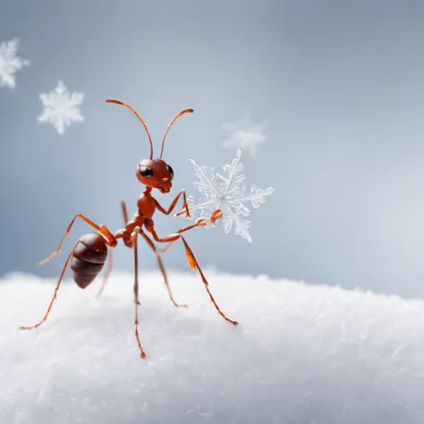 an ant standing on the snowy land is trying to touch the snowflake dropping from the air