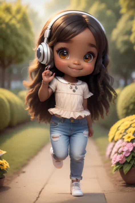 chibi 1 African children dark brown skin:5, cute smile, jumping ((full body))) "(singing with headphones)" realistic shadows, sparkling eyes, detailed skin, slightly shiny light brown eyes, pose for photo, long black hair and curly, flowers in hair, rapunz...