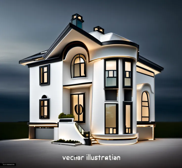 a view of a modern home with a large front road,The image follows the outline, main material by glossy white wall and black stone and wood, 1 road runs in front of the house, (RAW photo, real, best quality, masterpiece:1.2), look morden minimalist, 1 road ...