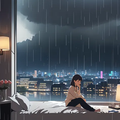 girl sitting in her room on the bed, rain, panorama view over a city, rain outside her window