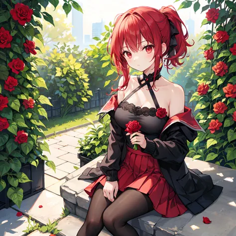 Red hair、Hair is up、red eyes、Beautiful girl alone、off shoulders、a miniskirt、Bright red rose garden、sitting on、Black tights