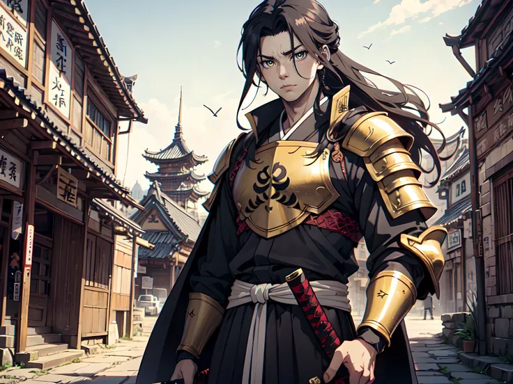 1 boy, Xin from Kingdom anime, armored with Samurai armor, holding katana, ultra high definition, 8k, handsome,black and yellow pupil eyes, long black hair, ancient city background