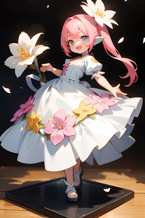 photoRealstic、Nendroids in wedding dress standing in front of the painting、Open mouth and big smile、watercolor Nendoroid、(High Definition Figure)、Flowing iridescent silk、up of face、Eye Up、Colorcon with heart pattern、Floral dress、There are also flowers in f...