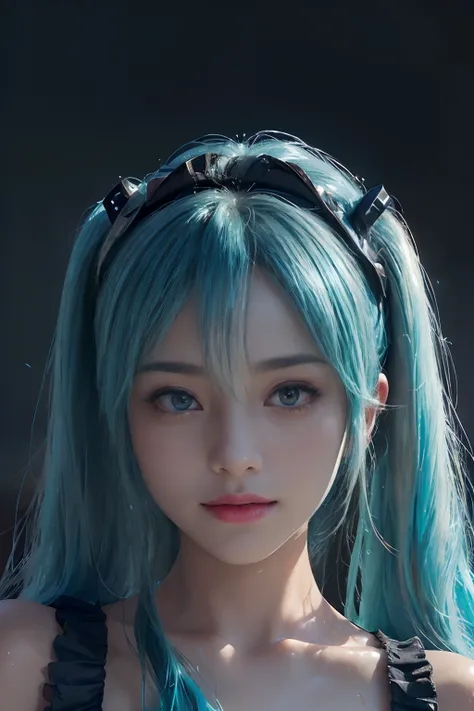 Hyperrealist portrait of female by david hockney and alphonse mucha, (((hatsune miku charakter))), (((tosca hair color))), ((Ultra-Detailed Face)), Detailed Lips, tosca eyes color, (((Detailed Eyes))), (((perfect eyes))), (Double Eyelids), ((long twin tail...