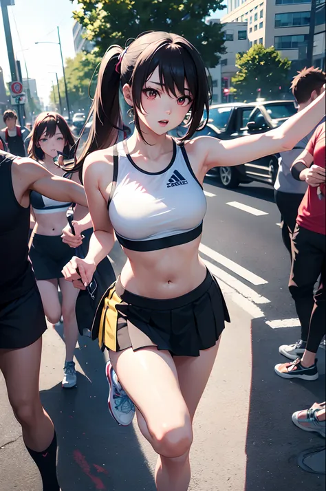 Imagine a vibrant scene，An energetic anime girl takes to the streets on an energetic jog, Wear a stylish sports bra and a flowing skirt. Creative lighting styles enhance the dynamic atmosphere, Cast a mesmerizing glow on her as she moves firmly. Meticulous...