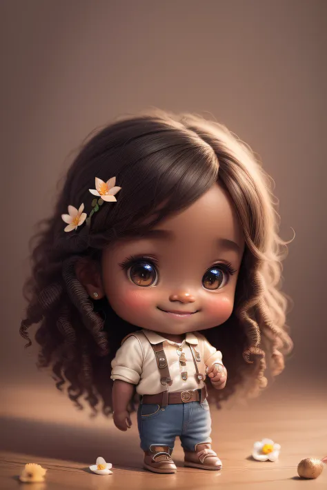 chibi 1 African children dark brown skin:5, cute smile, jumping ((full body))) "(playing the piano)" realistic shadows, sparkling eyes, detailed skin, slightly sparkling light brown eyes, pose for photo, long black hair and curly, flowers in hair, rapunzel...