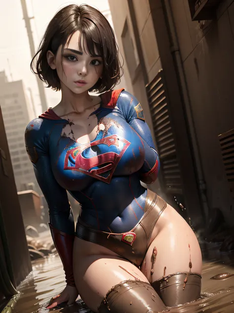 ​masterpiece、Short-haired Supergirl fell into the sewage、large full breasts、Looking at the camera、Glossy costume、Crotch、Mud stains、Covered in mud、wounded