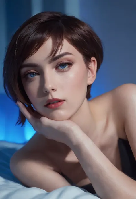 90s style short haired woman, on her back in her bedroom, side blue lighting, projected shadows, plants and bed in the background, close up shot, bokeh style, high quality photo,upper body