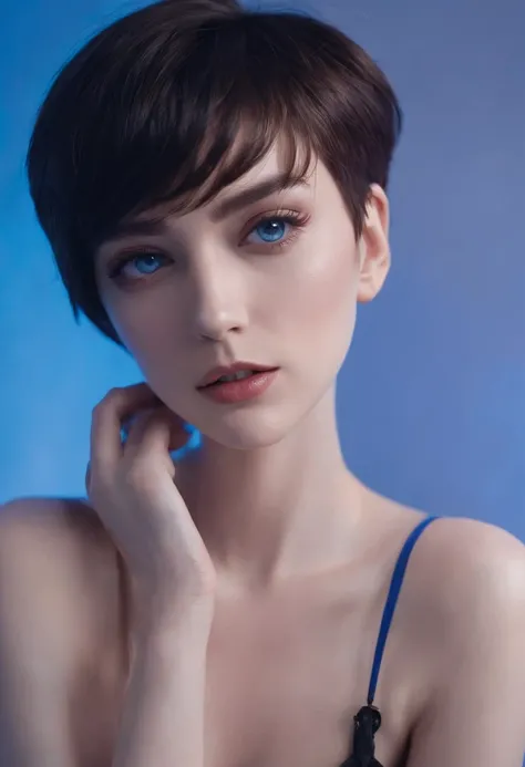 90s style short haired woman, on her back in her bedroom, side blue lighting, projected shadows, plants and bed in the background, close up shot, bokeh style, high quality photo,upper body