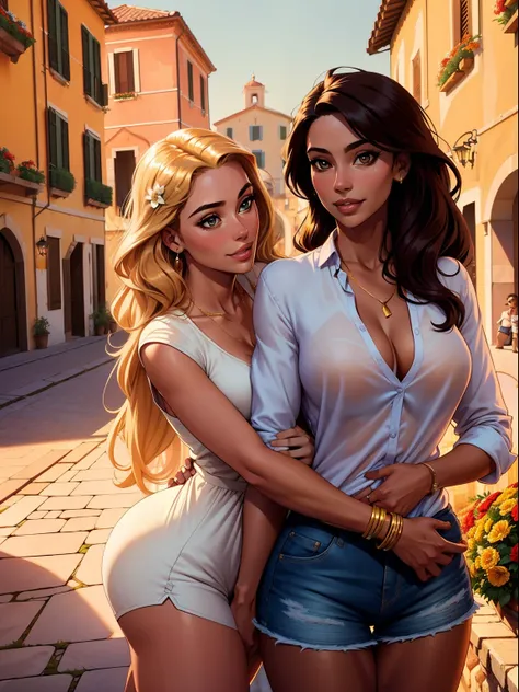 One handsome Chad dressed in a summer shirt and shorts hugging four beautiful racially diverse bitches feeling him and touching him intimately,  women dressed for exploring Italy looking very formal and classy and pretty with lots of color, perfect athleti...