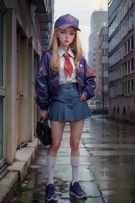 (masterpiece, best quality)1.2, extremely detailed, 4K, girl, solo, beautiful face, standing, full body, looking at viewer, blonde hair, blue eyes, baseball cap, young pioneer, red young pioneer tie, white school blouse, (90s rave jacket), purple jacket, b...