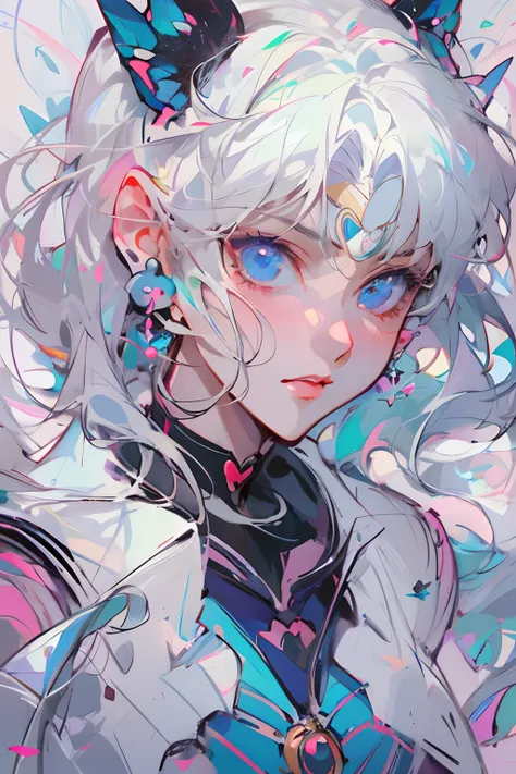 anime girl with blue eyes and a white hair with a butterfly on her head, a character portrait by sailor moon, trending on artsta...