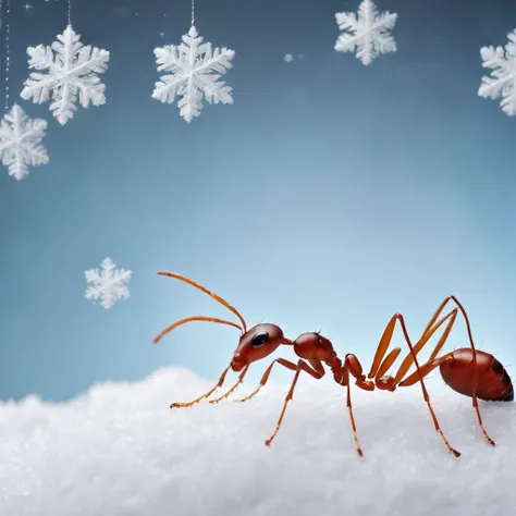 an ant standing on the snowy with the snowflake dropping from the air