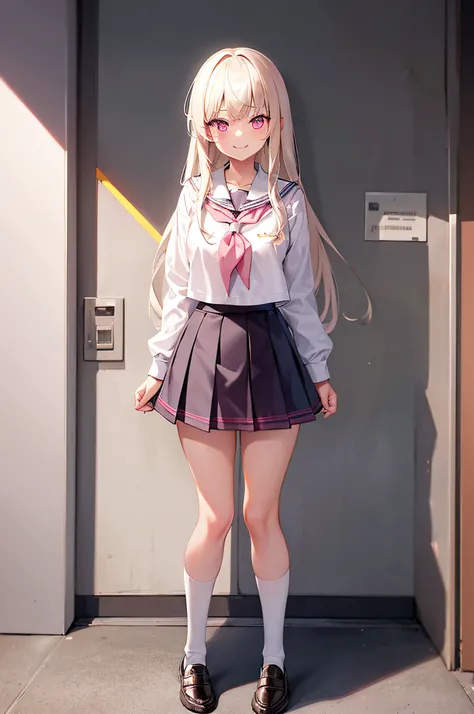 1girl. seifuku, female, miniskirt, platinum blonde hair, long hair, seductive smile, pink eyes, loafers, school, standing