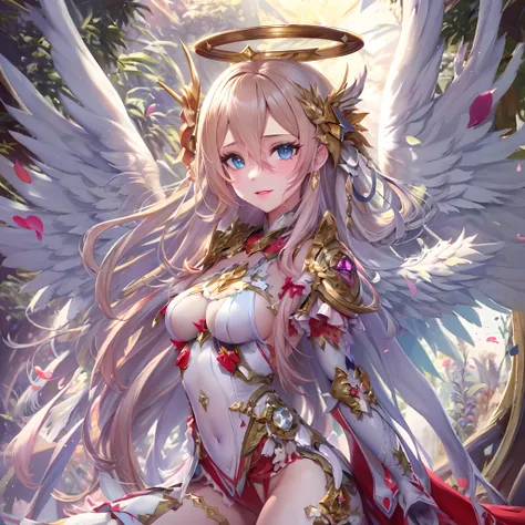 Quality over 8K, a female angel,Sexy,Long Blonde Hair,Anime,Goddess,Symmetrical blue eyes,Ultra detailed eyes,Transparent lingerie,forest,Sword,golden wings,Full body,hyperdetailed lips, hyperdetailed face, Double eyelids, Ultra Detailed feet,で,Beautiful l...