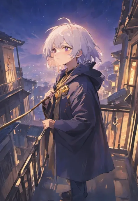 White hair, undercut hair, gold eyes, 18 years old, boy, dark navy cloak, purple long sleeve underneath, blue navy pants, male, small smile, anime, holding a long cane that doubles as a walking stick. Its handle is embellished with a floral pattern and fea...