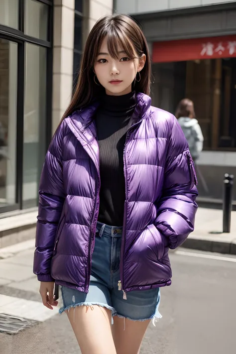 beautiful Japanese girl wearing a purple bubble jacket