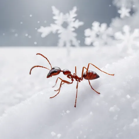 an ant standing on the snowy land with snowflakes dropping from the air