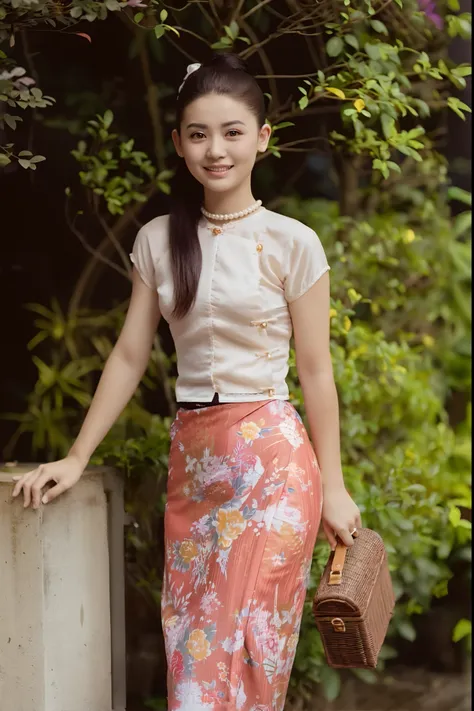 arafed asian woman in a floral skirt and a white blouse, in style of lam manh, traditional beauty, traditional chinese, traditional chinese clothing, cheongsam, dilraba dilmurat, chinese style, in style of thawan duchanee, sukhothai costume, ruan jia beaut...