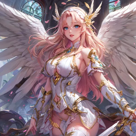 Quality over 8K, a female angel,Sexy,Long Blonde Hair,Anime,Goddess,Symmetrical blue eyes,Ultra detailed eyes,Transparent lingerie,forest,Sword,golden wings,Full body,hyperdetailed lips, hyperdetailed face, Double eyelids, Ultra Detailed feet,で,Beautiful l...