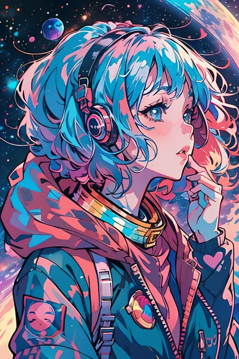 anime girl with blue hair and a colorful jacket looking up at the sky, anime girl with cosmic hair, 4 k manga wallpaper, anime a...