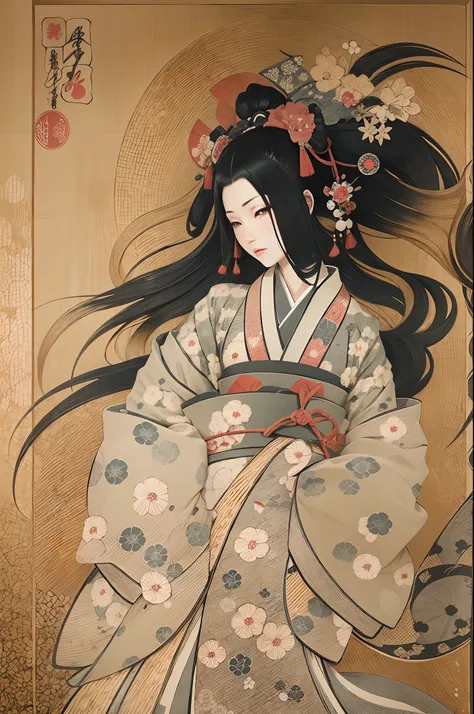 Sharaku,Portrait of a woman,it is centered in the middle of the image, some Japanese effects and embellishments scattered throughout the photo