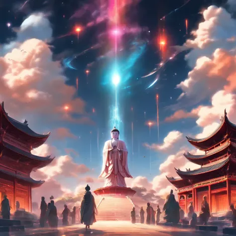 China-style，In the distance, A huge tall Buddha statue stands in space，Gaze at the earth，Standing Buddha statue，with light glowing，Glow effects，Pilgrims on the road，Hyper-realistic，Ultra photo realsisim，Real Photographics，8K，High definition，high qulity，Wor...