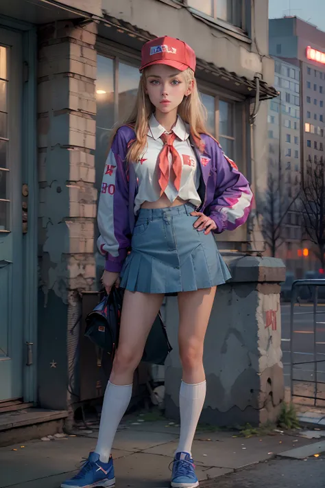 (masterpiece, best quality)1.2, extremely detailed, 4K, girl, solo, beautiful face, standing, full body, looking at viewer, blonde hair, blue eyes, baseball cap, young pioneer, red young pioneer tie, white school blouse, (90s rave jacket), purple jacket, b...