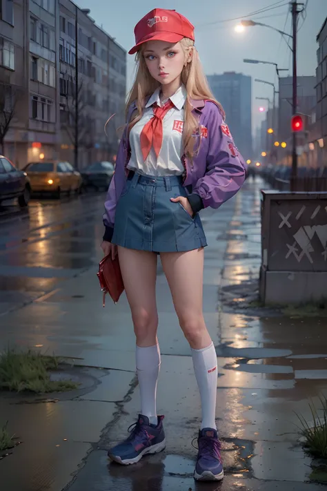 (masterpiece, best quality)1.2, extremely detailed, 4K, girl, solo, beautiful face, standing, full body, looking at viewer, blonde hair, blue eyes, baseball cap, young pioneer, red young pioneer tie, white school blouse, (90s rave jacket), purple jacket, b...