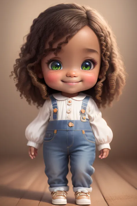 chibi 1 African children dark brown skin:5, cute smile, saying goodbye ((full body))) "(with flowers)" realistic shadows, sparkling eyes, detailed skin, slightly sparkling light green eyes, pose for photo, long brown hair and curly, flowers in hair, rapunz...