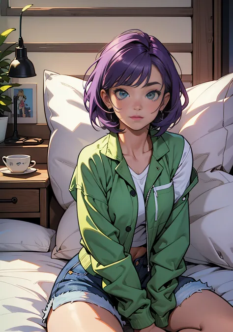 /draw [Retro anime art style:1.5], Old anime, 1980s (Style), 1990s (Style), aquarelle (mediating), 1girll,pyjamas, vests, Purple hair, Short hair, Green eyes, Just woke up in the bedroom, coalescence, Wide hips, Solo, 1girll, Denim shorts, [Perfect hands:1...