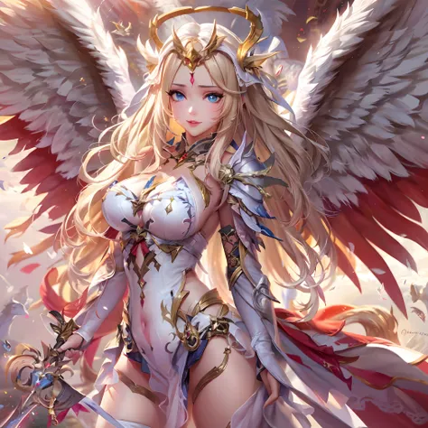 Quality over 8K, a female angel,Sexy,Long Blonde Hair,Anime,Goddess,Symmetrical blue eyes,Ultra detailed eyes,Transparent lingerie,forest,Sword,golden wings,Full body,hyperdetailed lips, hyperdetailed face, Double eyelids, Ultra Detailed feet,で,Beautiful l...