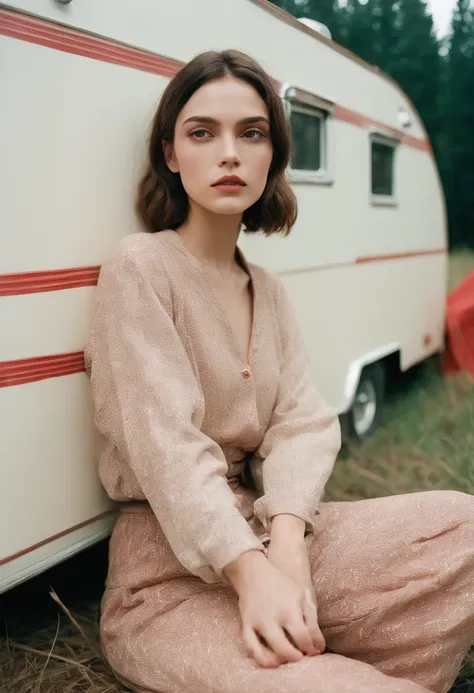 analog photography, grain film, vintage photo, portra 400, flash, in the style of lo-fi aesthetics:: a girl sitting near a camping trailer, light beige and red