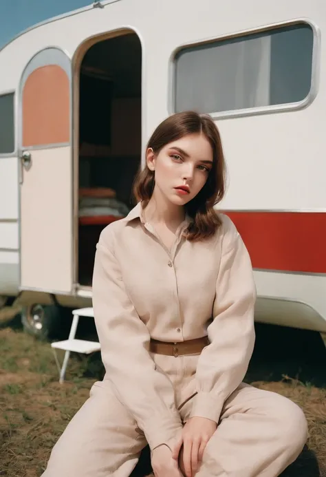 analog photography, grain film, vintage photo, portra 400, flash, in the style of lo-fi aesthetics:: a girl sitting near a camping trailer, light beige and red