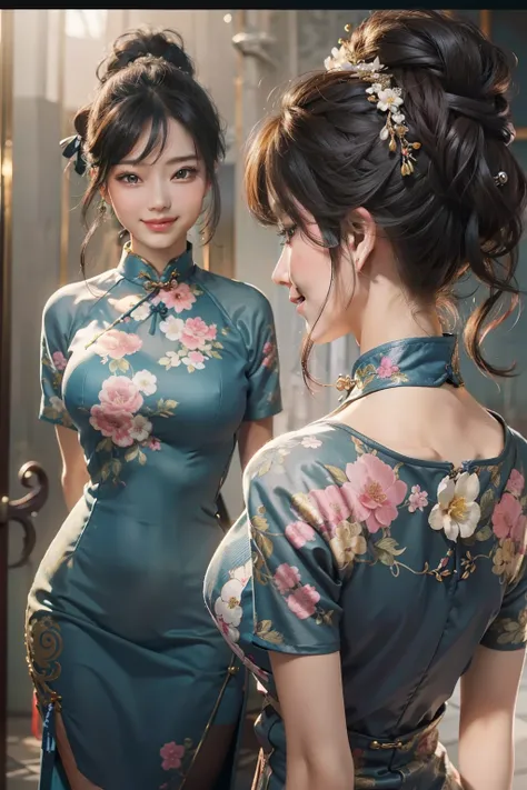 (masterpiece), (best quality), 8k resolution, 1girl, stunning beauty, perfect face, smile, mature female, 30yo, sexy, cheongsam