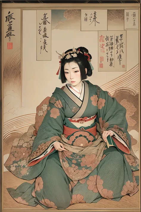 Sharaku,Portrait of a woman,Her breasts are visible.,it is centered in the middle of the image, some Japanese effects and embellishments scattered throughout the photo