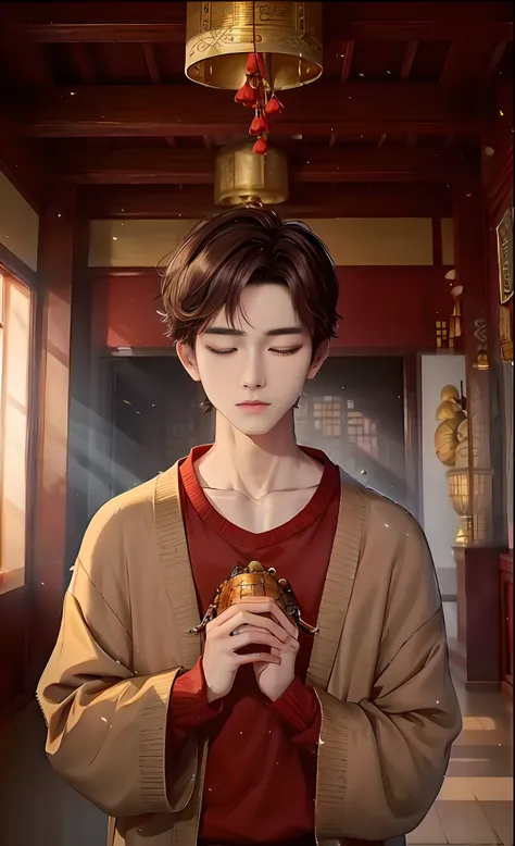 Anime boy holding turtle shell in a red-walled room, Guviz-style artwork, Cai Xukun, Inspired by Bian Shoumin, inspired by Chen Daofu, Realistic anime 3 D style, inspired by Huang Gongwang, heise jinyao, Guviz, handsome guy in demon killer art, Inspired by...