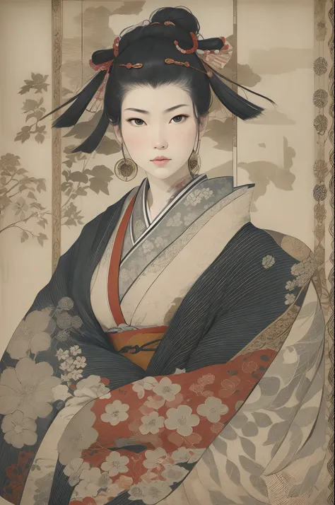 Sharaku,Portrait of a woman,it is centered in the middle of the image, some Japanese effects and embellishments scattered throughout the photo