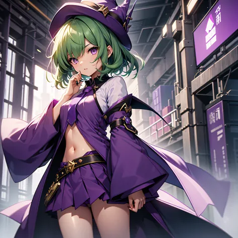 top-quality、extremely delicate and beautiful、(A teenage girl)、Purple Eye、Green hair、short-haired、(Purple pointy hat)、Purple tie、Soio、shortsleeves、Purple skirt、Purple Wizard Robe、Navel、is standing