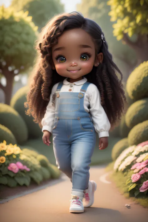 chibi 1 African children dark brown skin:5, cute smile, walking in the field ((full body))) "((with coffee))" realistic shadows, sparkling eyes, detailed skin, slightly sparkling light green eyes, pose for photo, long curly brown hair, flowers in hair, rap...