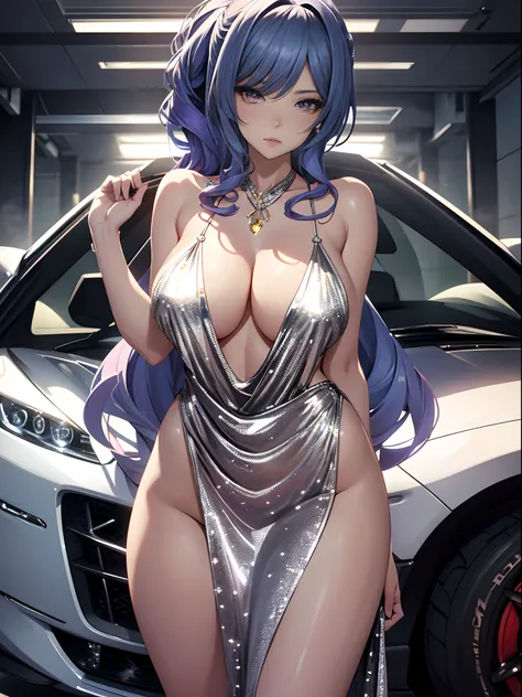 Close-up of a woman in a silver dress posing in front of a car, seductive anime girls, beautiful and seductive anime woman, Sexy girl, Guviz-style artwork, Anime goddess, guweiz masterpiece, trending on cgstation, Beautiful goddess, Guviz, extremely detail...