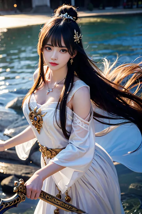 best quality,masterpiece,highres,cg,
1girl,weapon,sword,long hair,dress,water,solo,jewelry,white dress,earrings,hair ornament,splashing,upper body,hair bun,black hair,
lighting,candid,Photograph,high resolution,4k,8k,Bokeh,