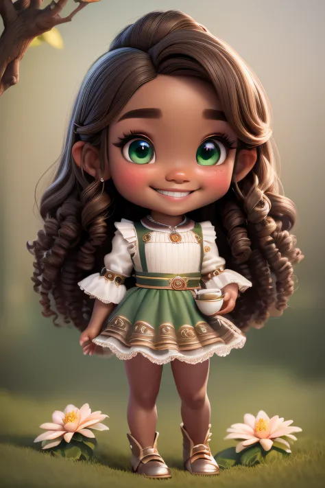 chibi 1 African children dark brown skin:5, cute smile, walking in the field ((full body))) "((with coffee))" realistic shadows, sparkling eyes, detailed skin, slightly sparkling light green eyes, pose for photo, long curly brown hair, flowers in hair, rap...