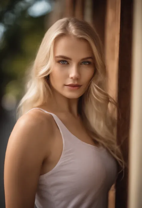 Nahaufnahme einer Frau mit langen blonden Haaren, wearing a tank top, beautiful blonde girl, beautiful model girl, Anna Nikolanova alias Newmilky, Beautiful young model, Nette junge Frau, beautiful girl model, beautiful young woman, attractive girl, 2 24-y...