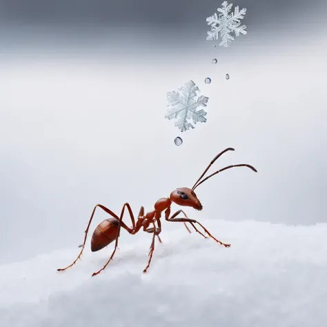 an ant standing on the snowy land with the snowflake dropping from the air