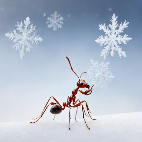 an ant standing on the snowy land with the snowflake dropping from the air