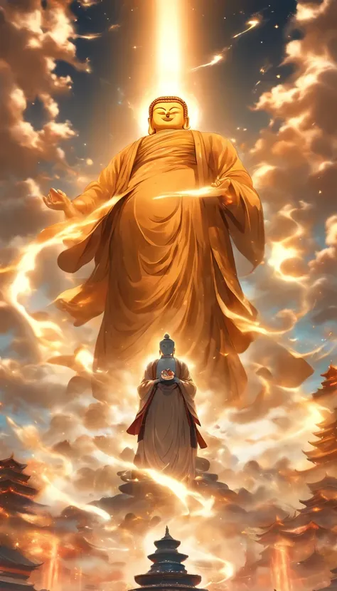 China-style，In the distance, A huge statue of Maitreya Buddha stands in space，Gaze at the earth，Standing Buddha statue，with light glowing，Glow effects，Pilgrims on the road，Hyper-realistic，Ultra photo realsisim，Real Photographics，8K，High definition，high qul...